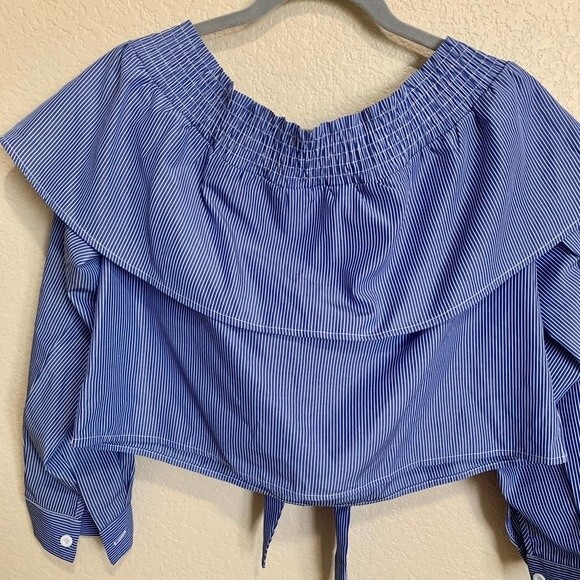 Boohoo top Blue striped Bardot crop top cuffed sleeve size 8 - Picture 5 of 11